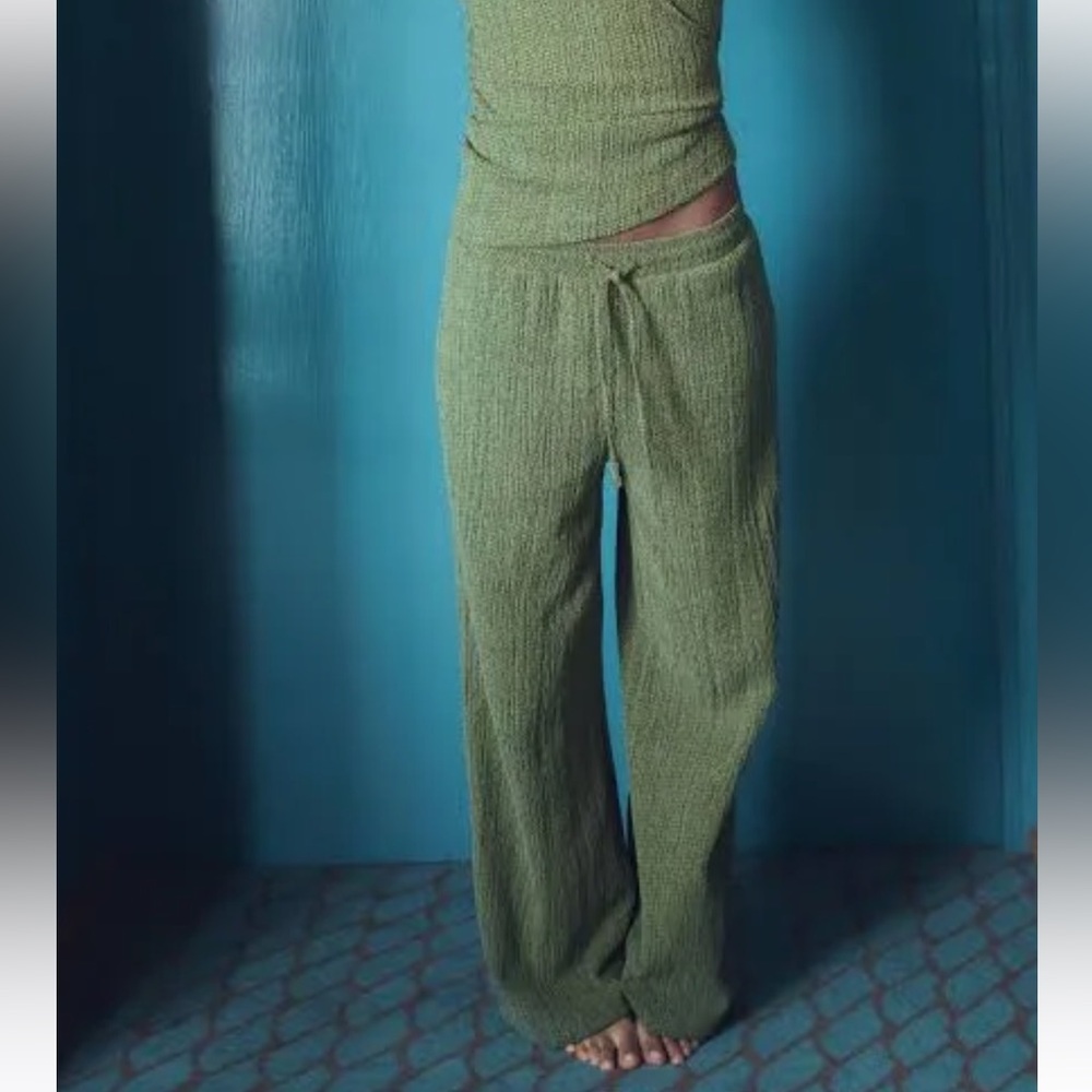 ZARA NWT women’s textured flowy linen pants green size M